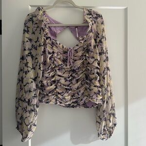 Free People Floral Ruched Blouse - Purple and Cream